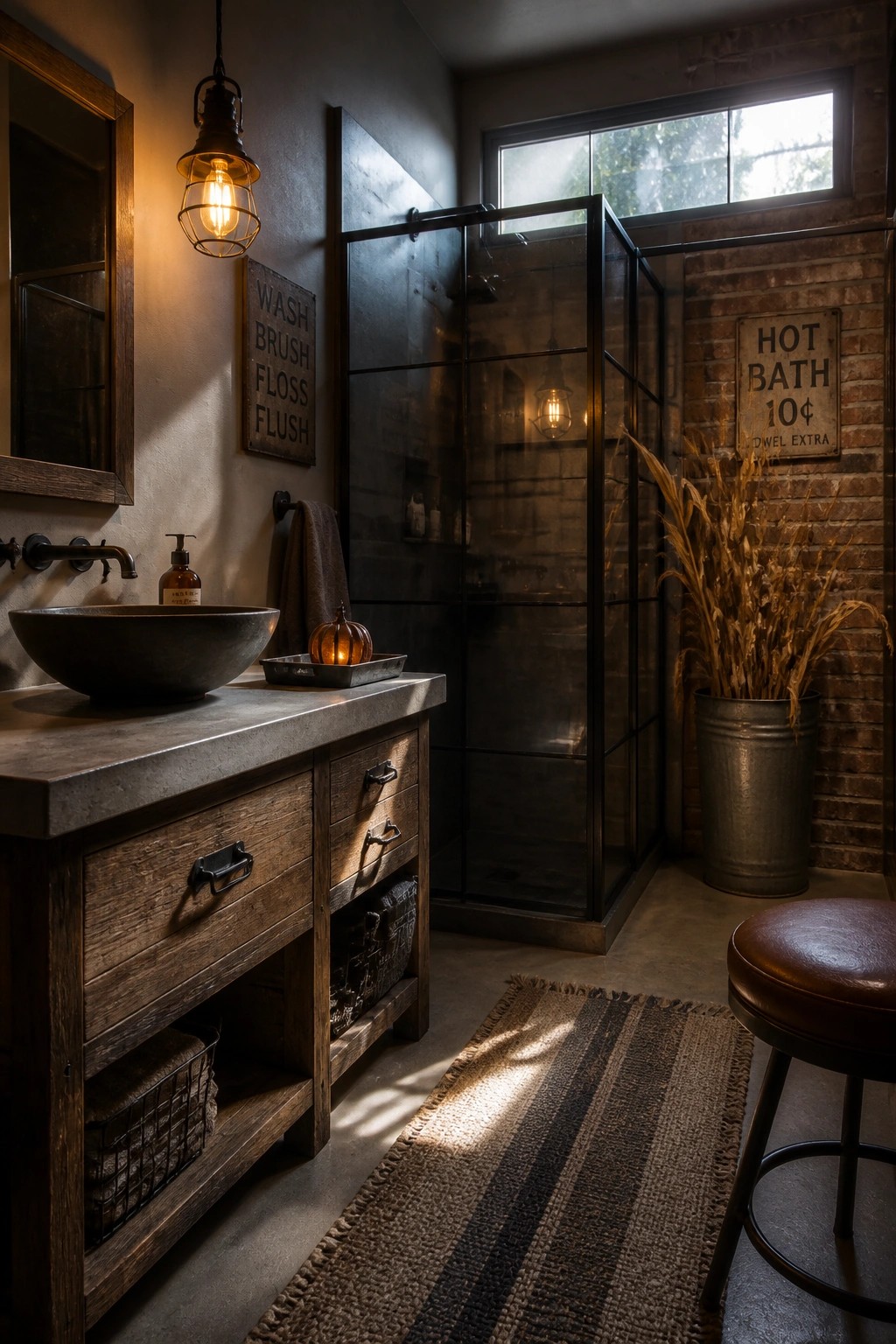 Rustic industrial bathroom with wooden vanity, glass shower, brick walls, and striped rug.