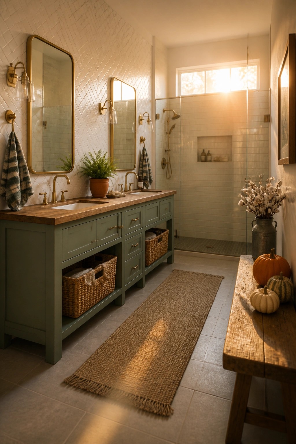 A bathroom interior with a long green vanity, mirrors, a glass shower, and a wooden bench holding orange pumpkins and a metal vase of cotton stems beside a woven jute runner.