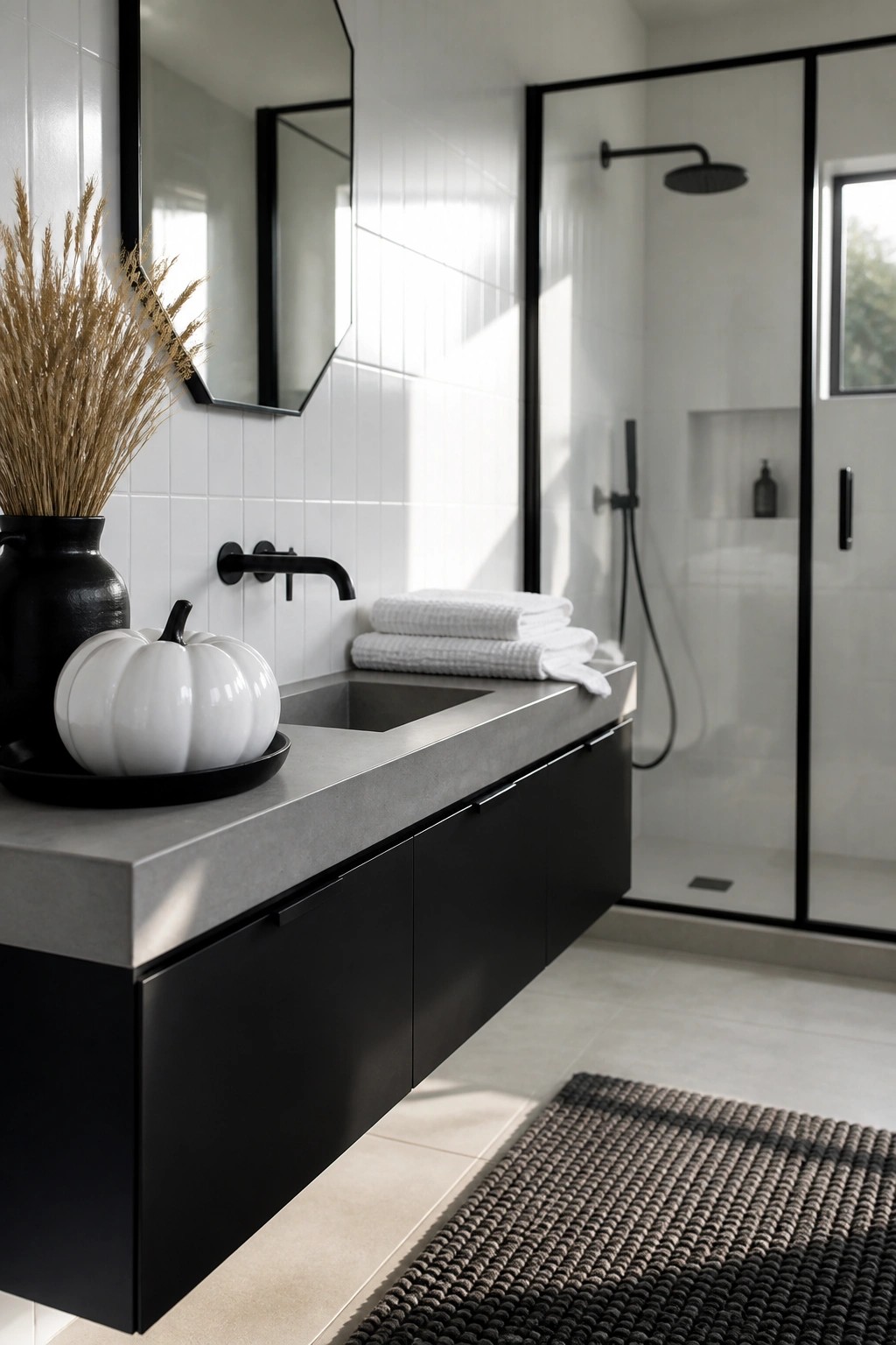 Modern black vanity bathroom with white pumpkin, concrete counter, and glass shower