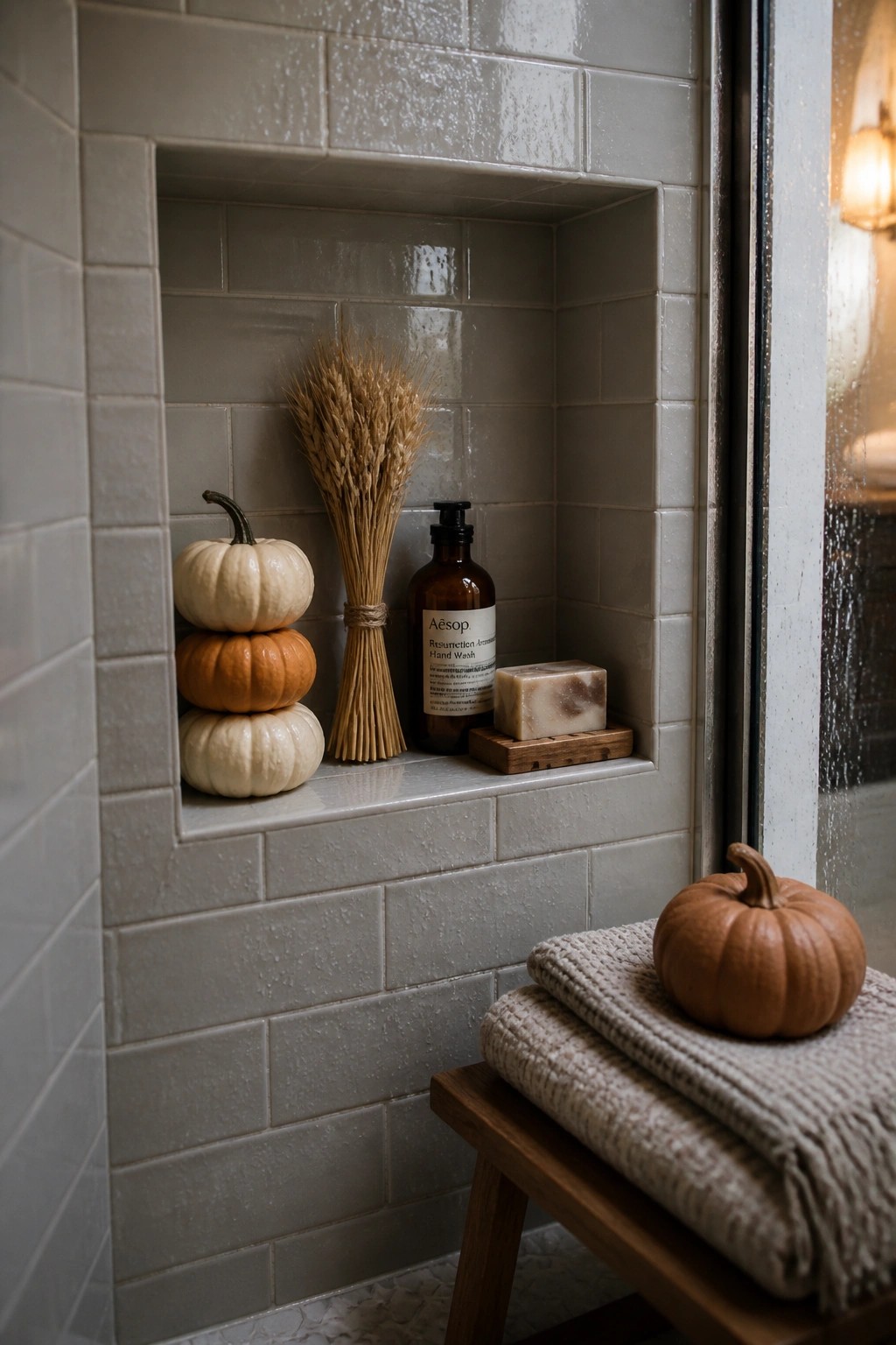 Gray tiled shower niche with stacked pumpkins, wheat bundle, Aesop soap, and towels on stool.