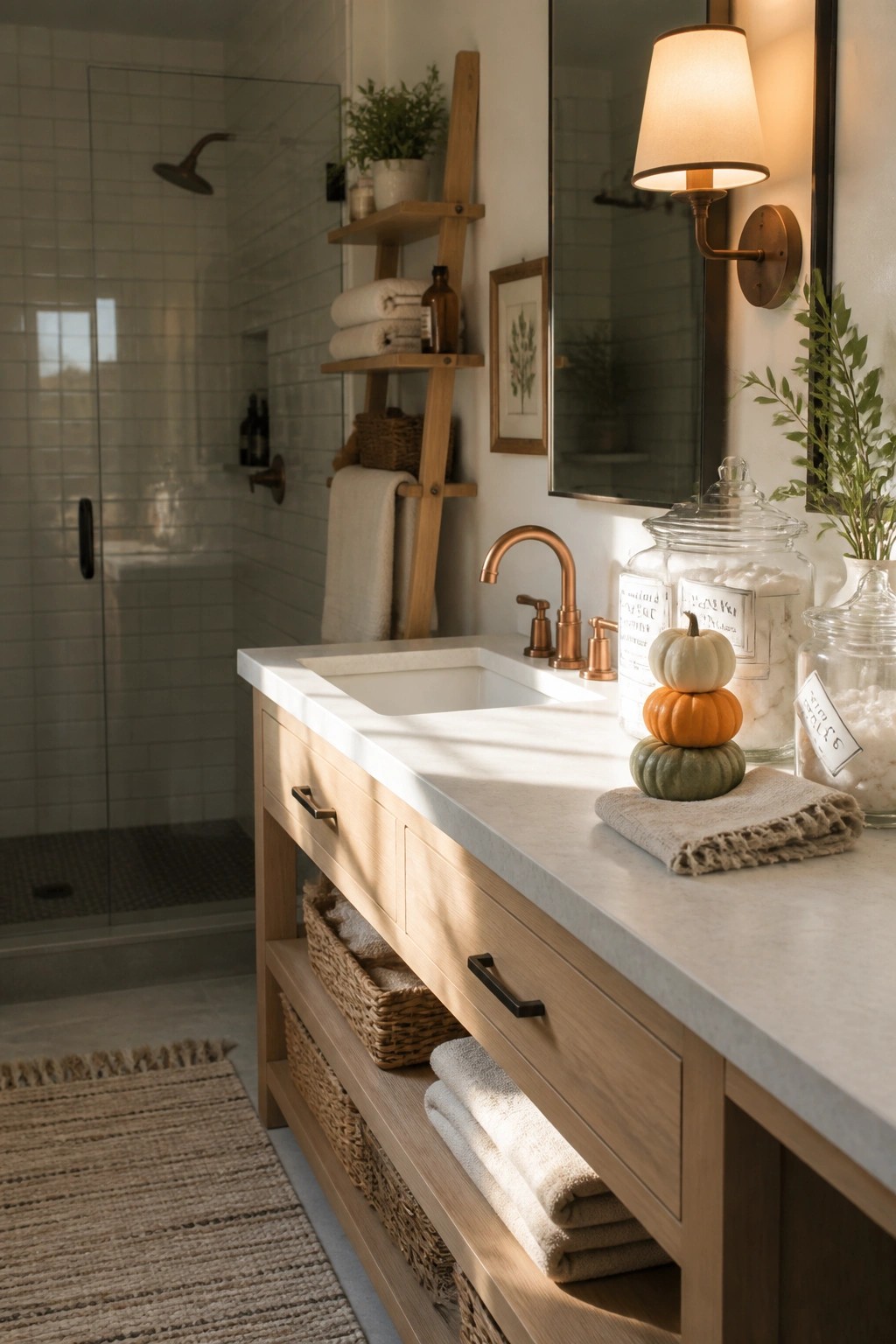 A bathroom vanity with stacked pumpkins on the counter beside glass jars and a copper faucet.