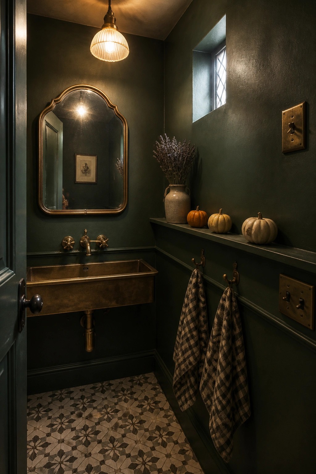 A dark green bathroom featuring a brass sink, an ornate mirror, and a narrow ledge holding three small pumpkins and a vase of dried lavender.
