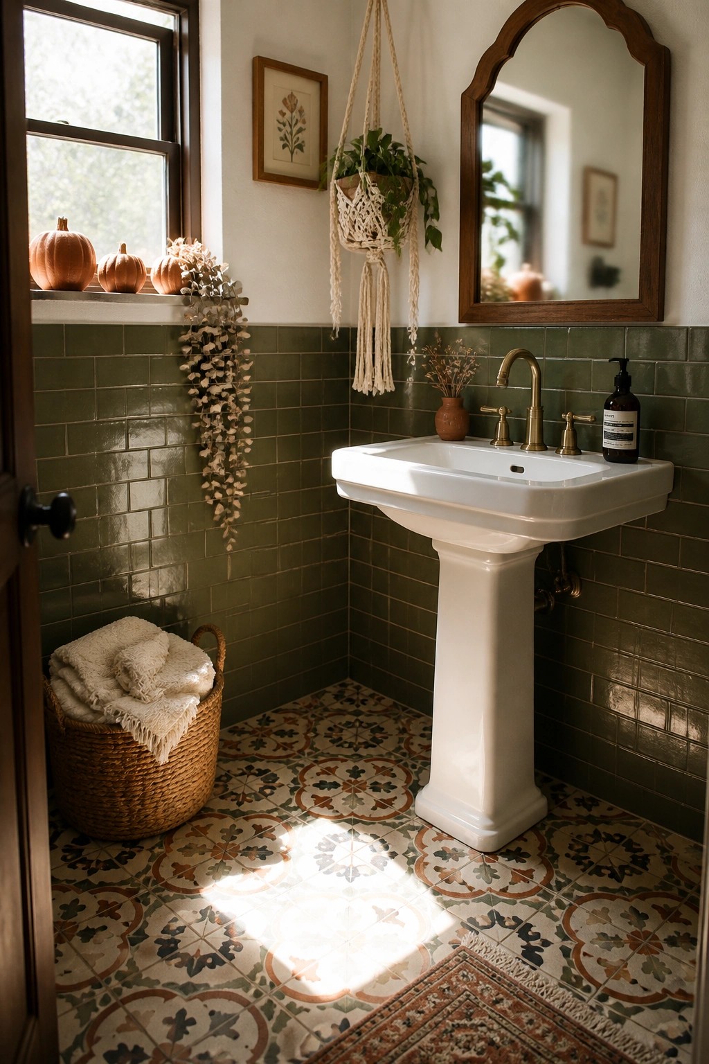 A bathroom with green tiled walls, a white pedestal sink, patterned floor tiles, and several small orange pumpkins on the windowsill.