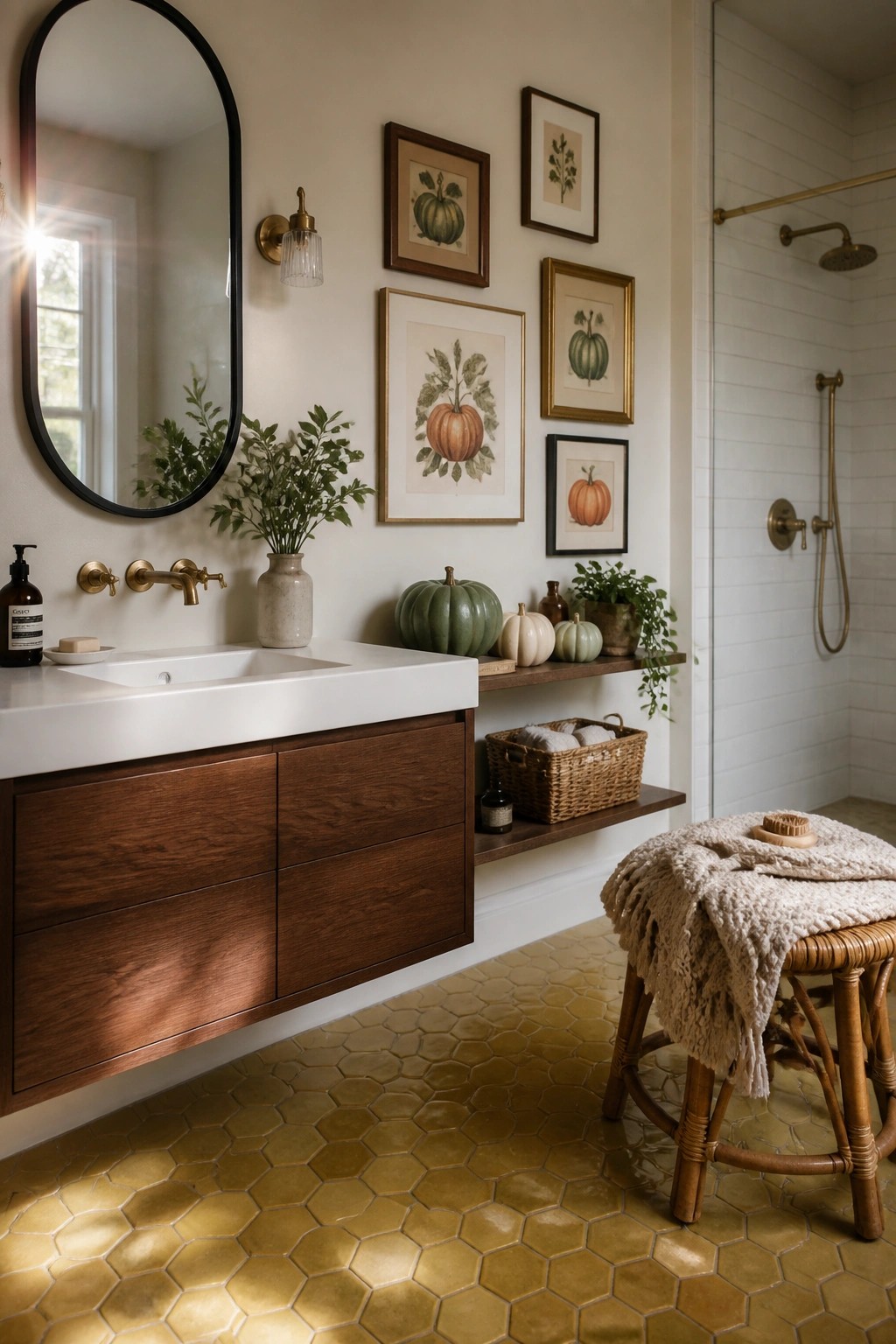 A bathroom interior with a white floating vanity, dark wood cabinets, an oval mirror, and a gallery wall of framed pumpkin botanical prints above a wooden shelf holding small pumpkins and a woven basket.