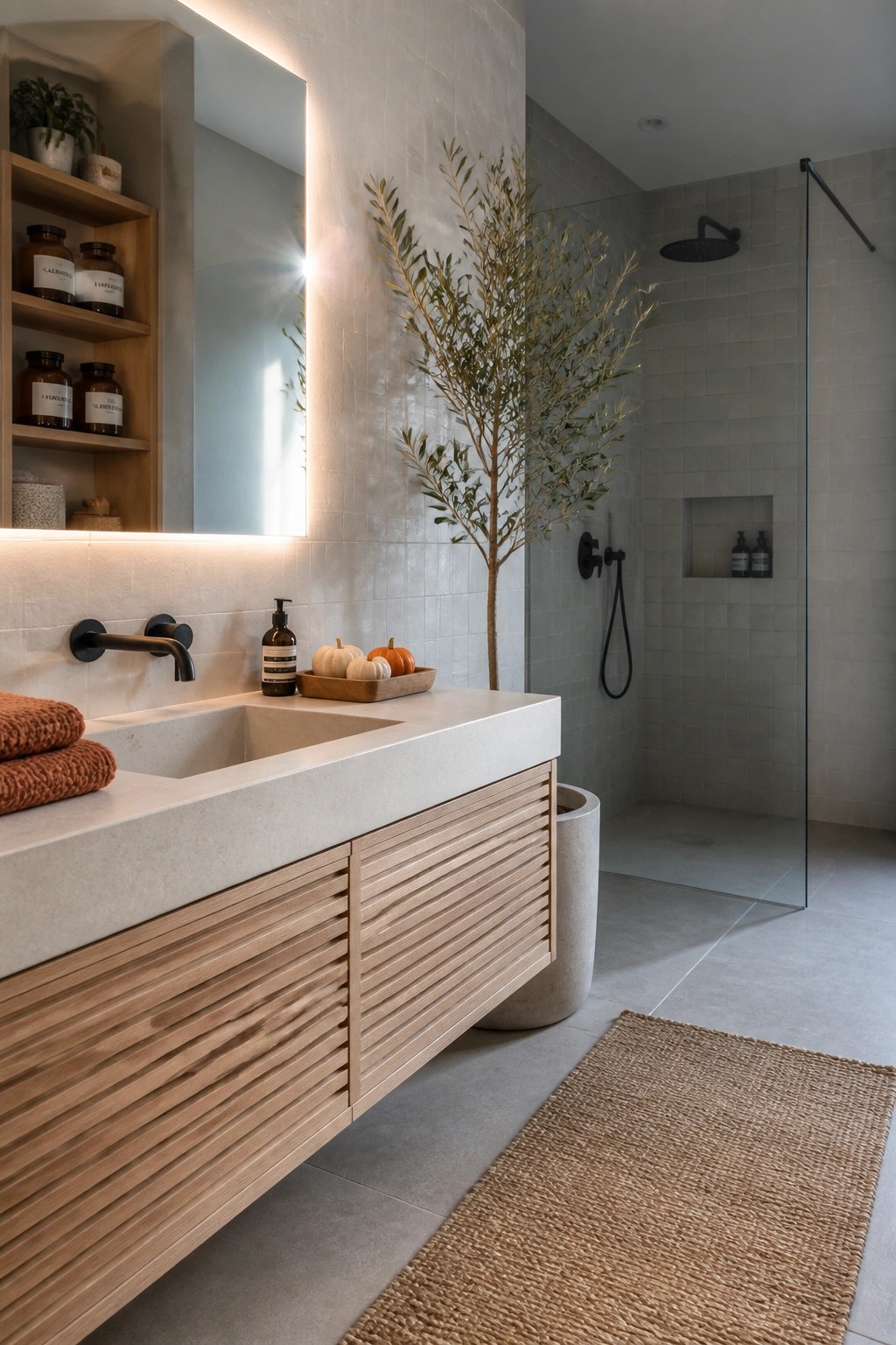 A modern bathroom with a floating light wood vanity, concrete countertop, black faucet, small white and orange pumpkins in a tray, and a large backlit mirror above the sink.