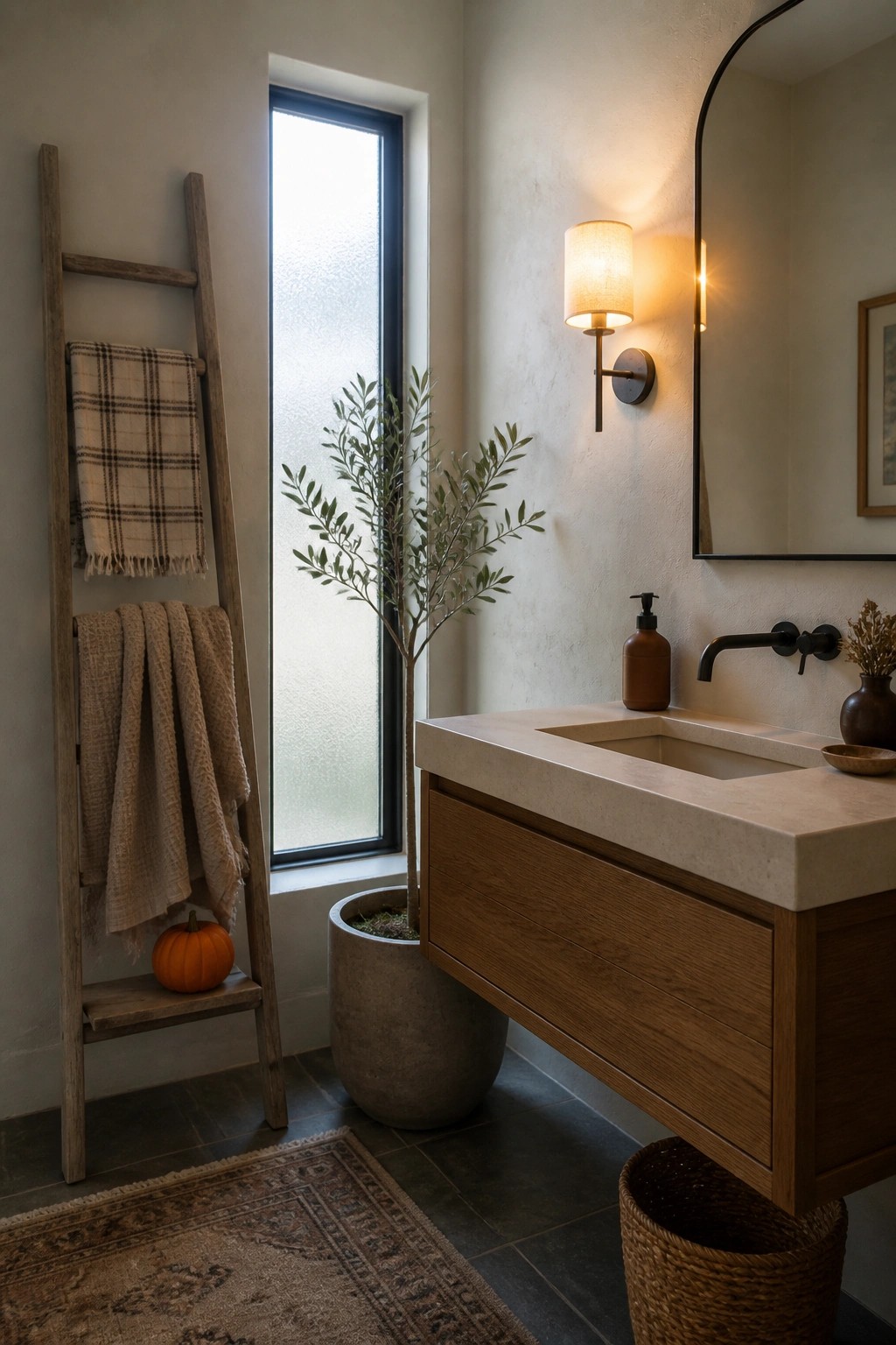 A bathroom with a wooden ladder holding folded towels and a small pumpkin on the bottom rung, positioned beside a window and floating wood vanity.