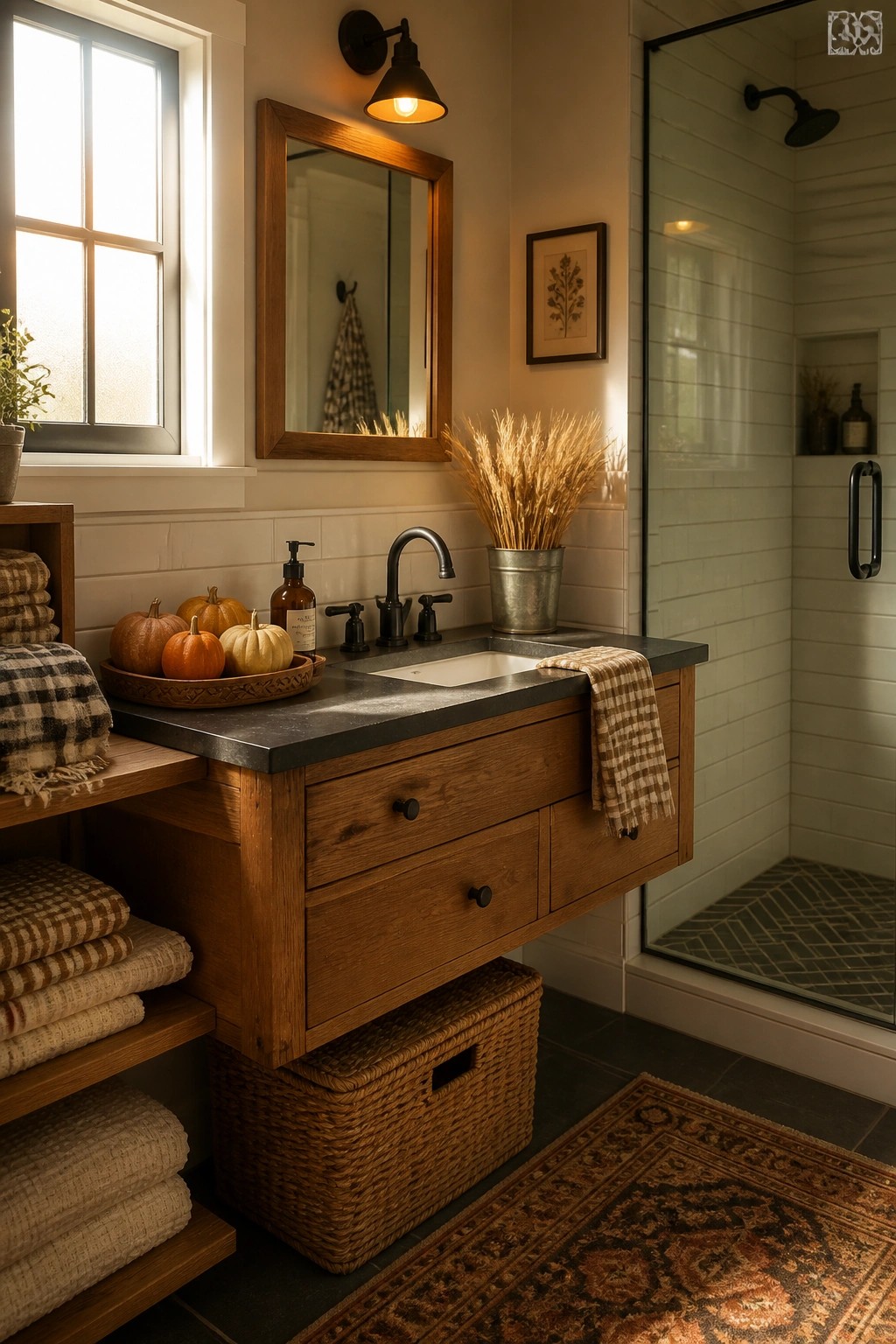 A bathroom vanity with a wooden cabinet, dark stone countertop, undermount sink, black faucet, and small pumpkins arranged in a wooden tray next to a metal bucket of dried wheat.