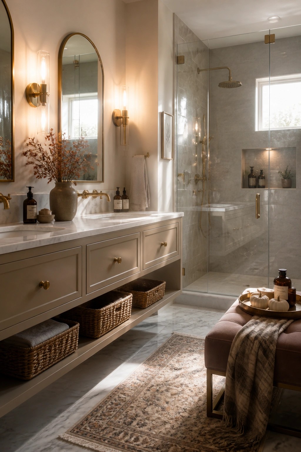 A spacious bathroom featuring a long floating vanity with woven baskets below, arched mirrors with wall sconces, a glass-enclosed shower, and a pink upholstered bench holding small white pumpkins and a plaid throw.