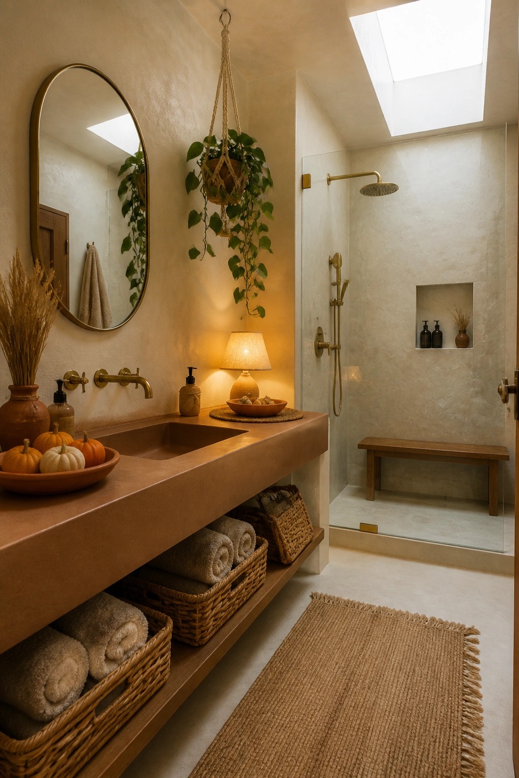 Earthy bathroom with terracotta sink, hanging plant, woven baskets, and skylight shower.