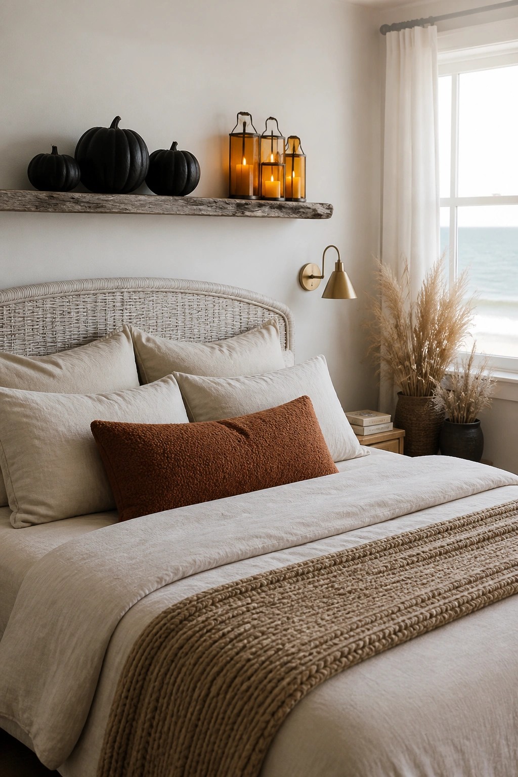 A bedroom with neutral bedding, a woven headboard, and a wooden shelf above holding black pumpkins and glowing lanterns.
