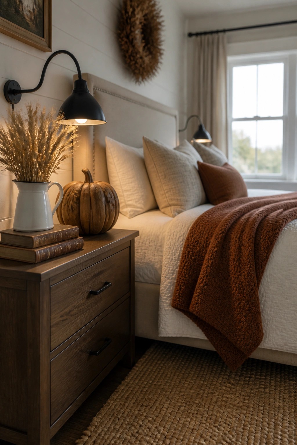 A bedroom nightstand topped with a lit black wall sconce, a white pitcher holding dried wheat, a small wooden pumpkin, and two stacked books next to a bed dressed in white and rust linens.
