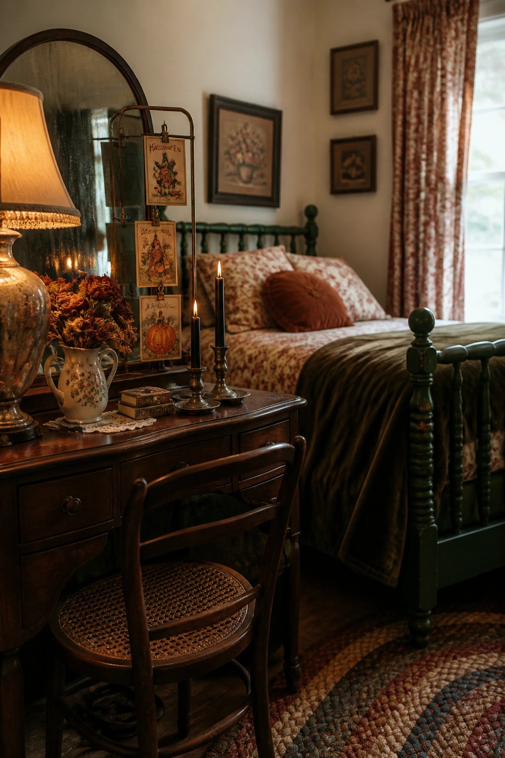 Vintage bedroom with wooden vanity, lit candles, floral bed, and braided rug.