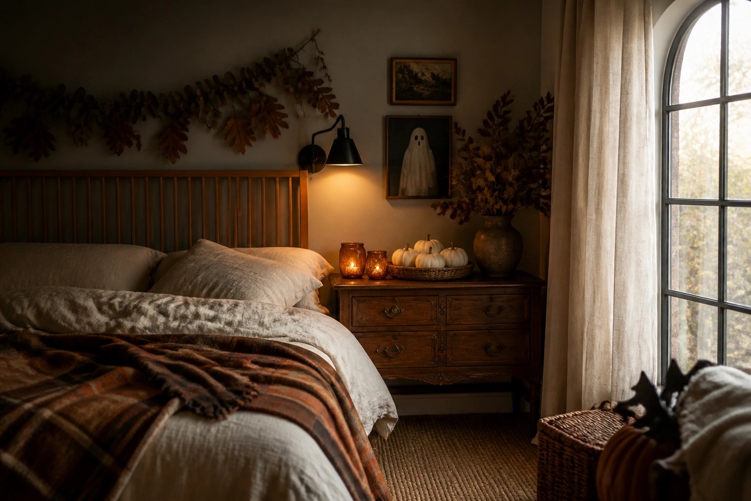 A bedroom with a wooden bed dressed in white linens, a plaid throw at the foot, a dark wood nightstand holding small pumpkins and candles, and a garland of dried leaves hanging on the wall above the bed.