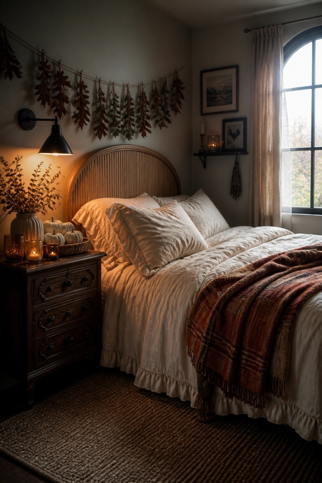 A bedroom with a wooden bed dressed in white linens, a plaid throw at the foot, a dark wood nightstand holding small pumpkins and candles, and a garland of dried leaves hanging on the wall above the bed.