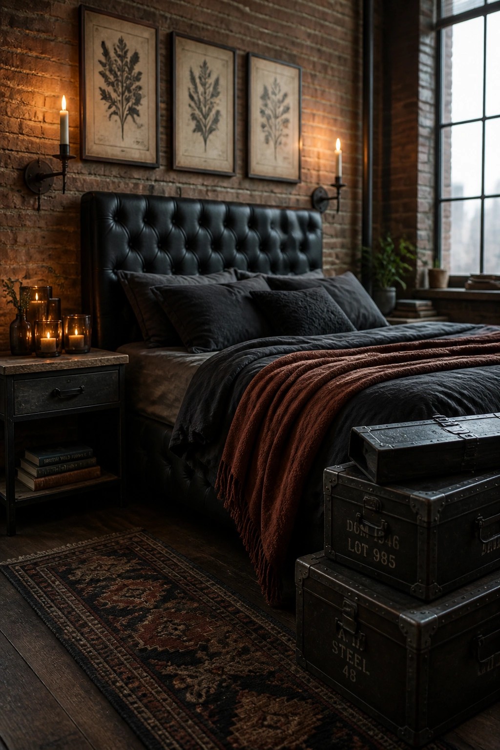 Dark industrial bedroom with black leather bed, brick walls, candles, and vintage trunks.