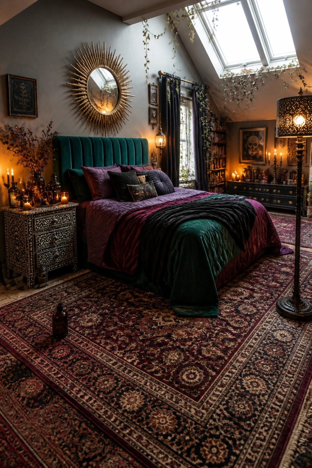 A bedroom featuring a bed layered with purple and green velvet bedding, multiple candles on surfaces and the floor, a large patterned rug, and a gold sunburst mirror on a dark wall.