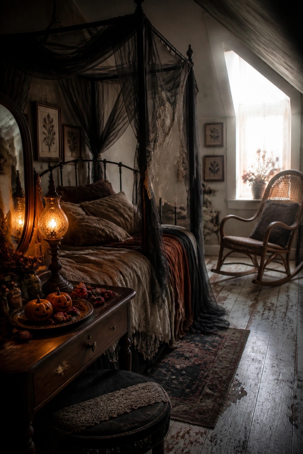 A bedroom vanity holds a tray with three small carved pumpkins, dried flowers, and a glowing vintage lamp, with a four-poster bed and rocking chair visible in the background.