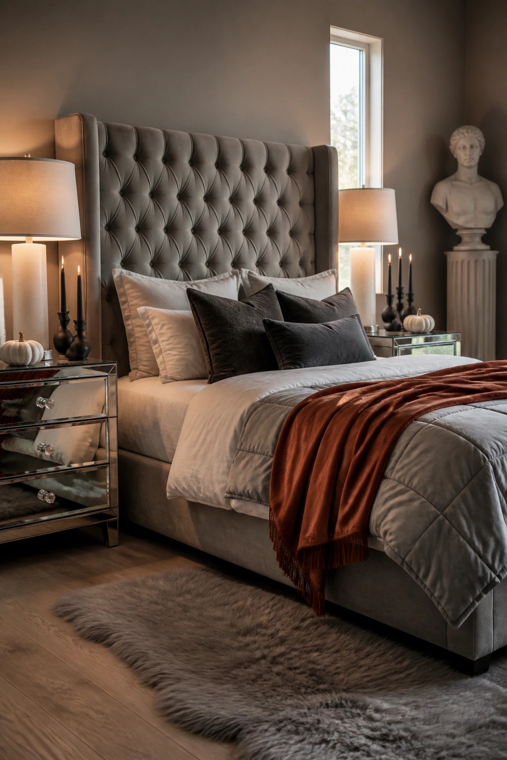 A bedroom featuring a large tufted gray headboard, layered neutral and dark pillows, white and gray bedding, a rust-colored throw with fringe, mirrored nightstands, and warm lamp light.