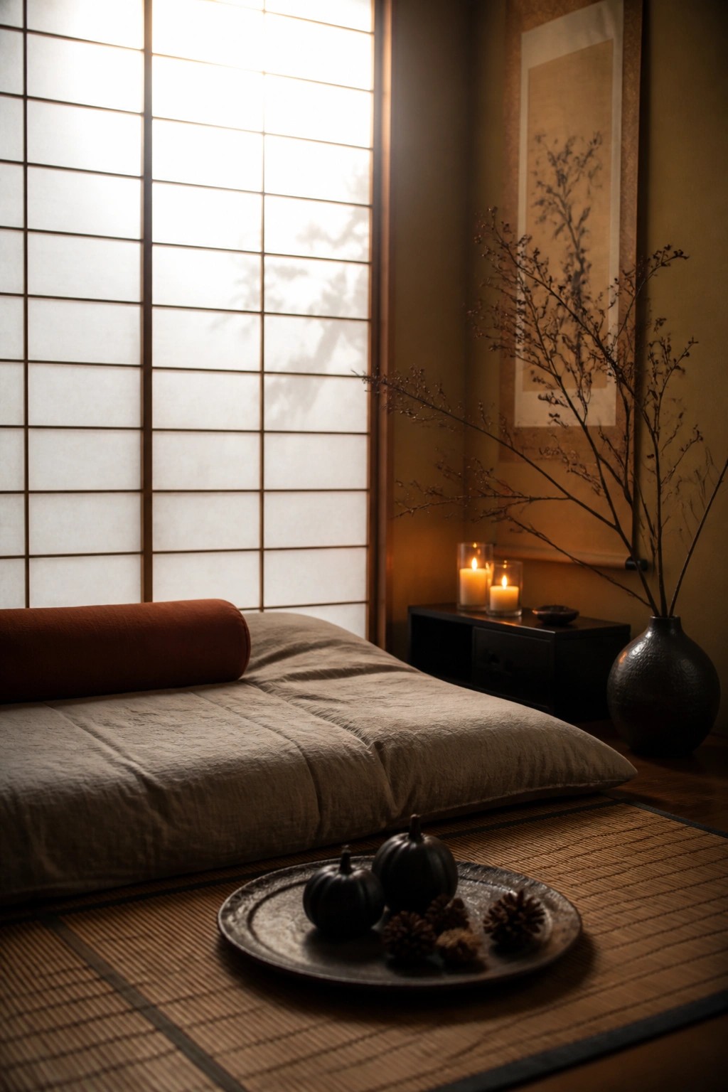 A Japanese-style bedroom interior with a futon on tatami mats, a shoji screen, lit candles on a dark cabinet, dried branches in a vase, and a metal tray holding small black pumpkins and pinecones on the floor.