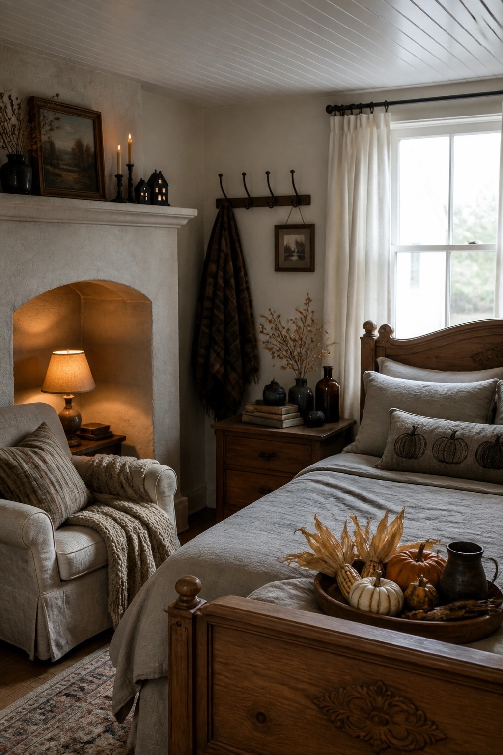 A bedroom with a wooden bed dressed in gray linens and pumpkin pillows, a lit fireplace, and autumn decorations including pumpkins and dried botanicals on the nightstand and foot of the bed.