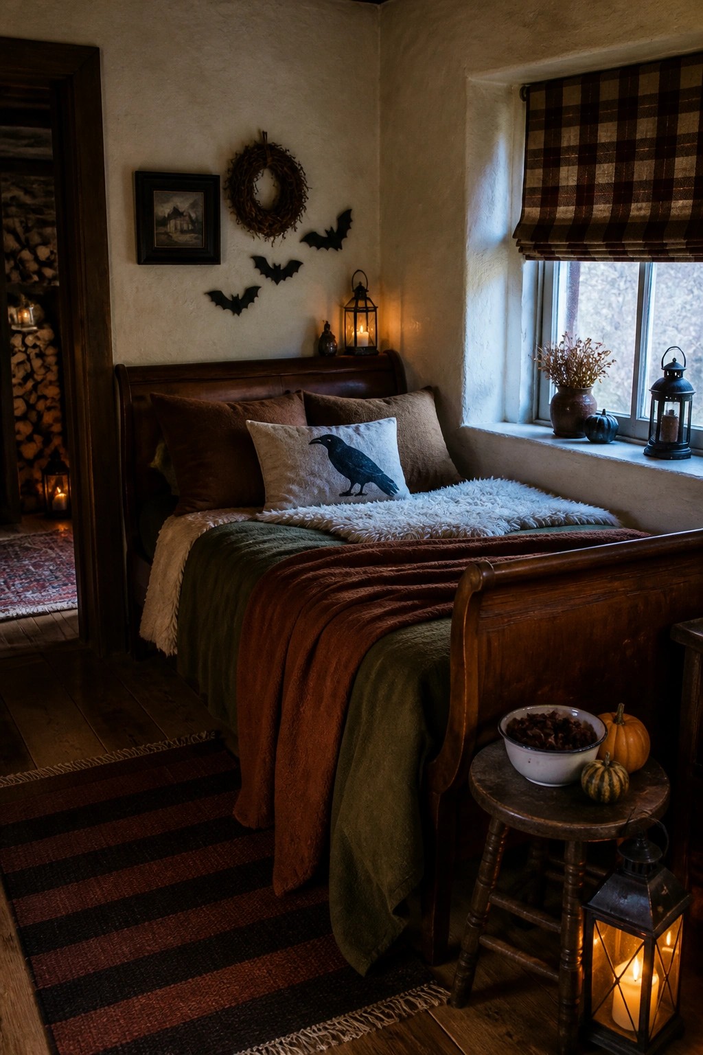 A wooden bed made with layered green and rust blankets, a white fluffy throw, a crow pillow, bat decorations on the wall, and several lit lanterns near a window with pumpkins on a small table.