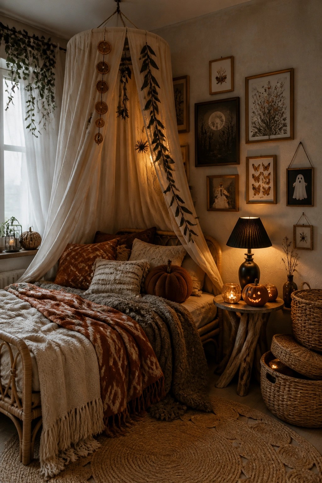 A bedroom featuring a rattan bed with layered blankets and pillows beneath a white fabric canopy decorated with dried botanicals, next to a side table holding small pumpkins and candles.