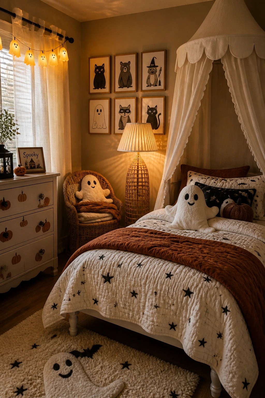A cozy Halloween bedroom with a white canopy bed layered in star-patterned bedding and a rust throw, ghost plush toys, a wicker floor lamp, framed animal prints, and ghost string lights by the window.