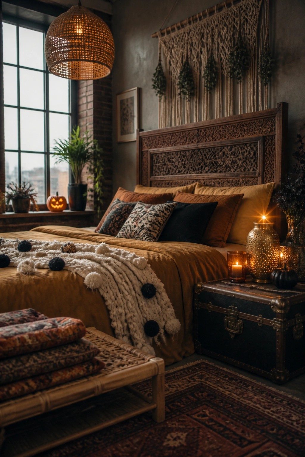 Cozy autumn bedroom with carved wooden bed, mustard linens, pom-pom blanket, and candlelight.