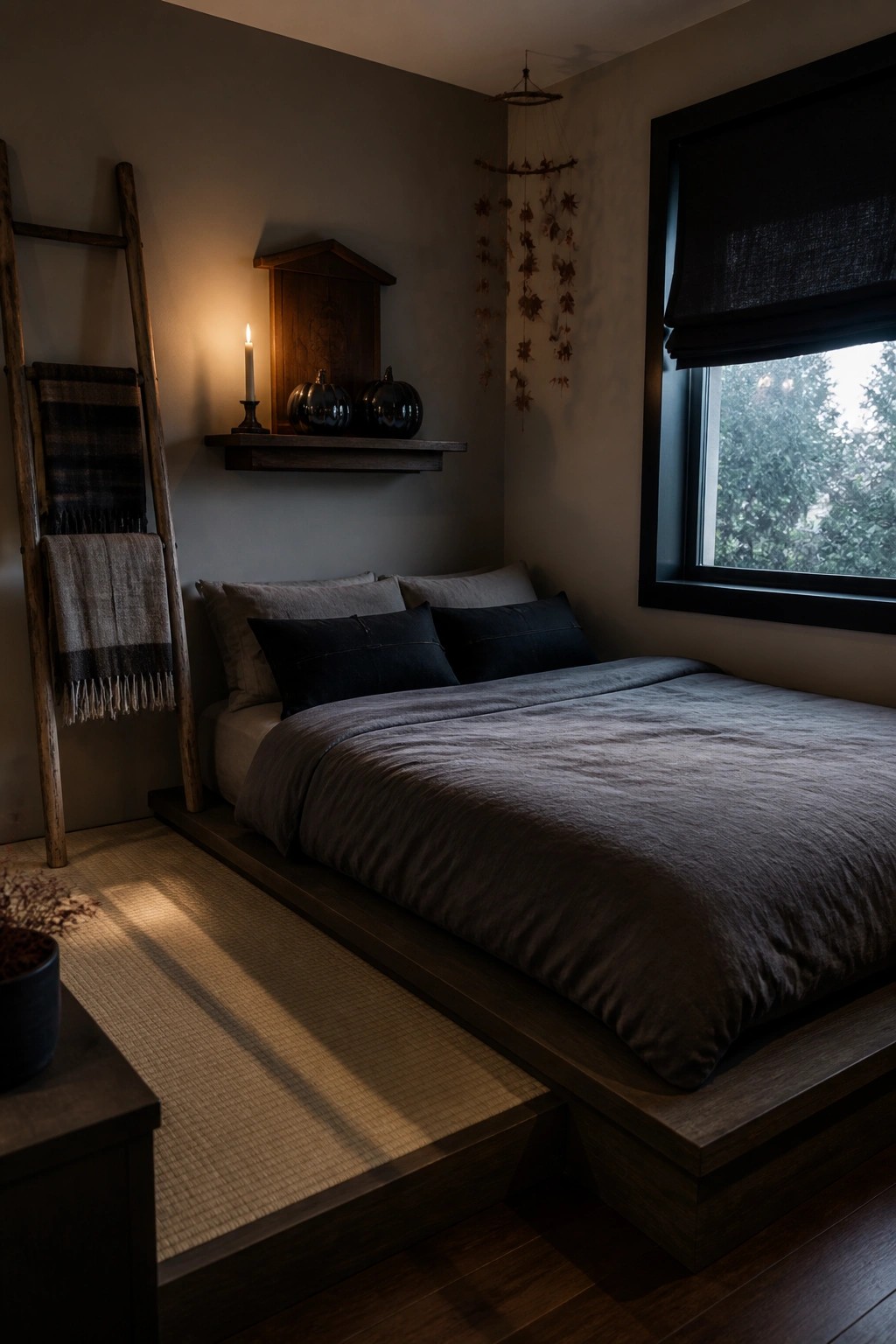 Cozy bedroom with low wooden platform bed, lit candle, and autumn decor