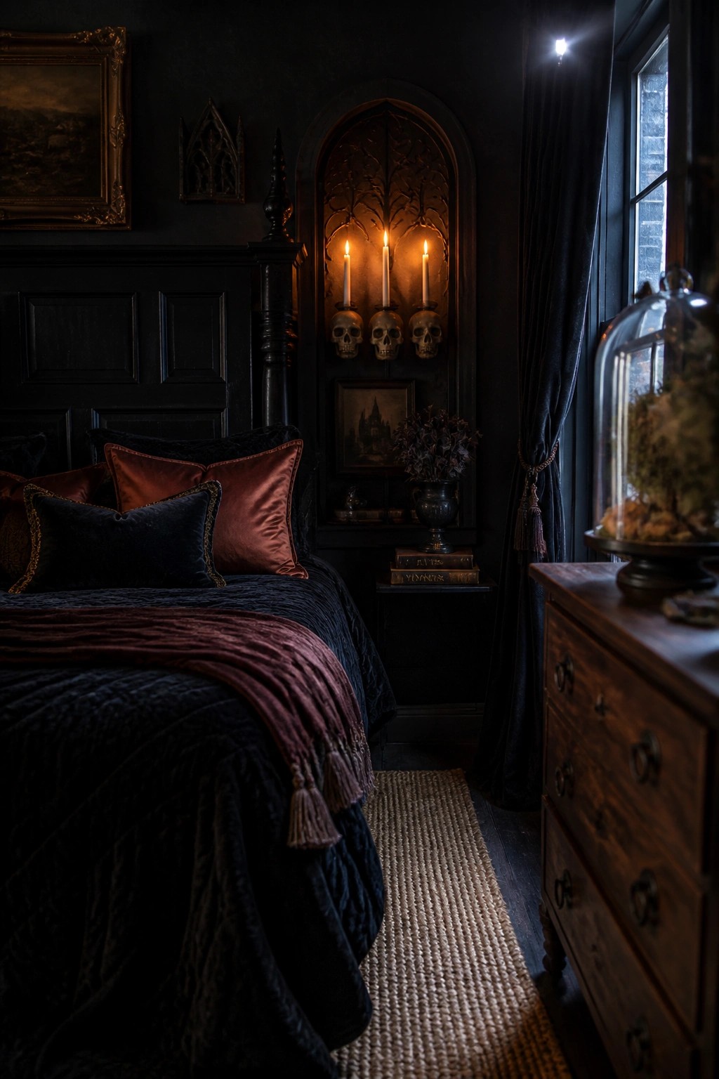 A dimly lit bedroom with a black four-poster bed, dark velvet bedding, red accent pillows, and an arched wall niche holding three skull-shaped candle holders with lit candles.