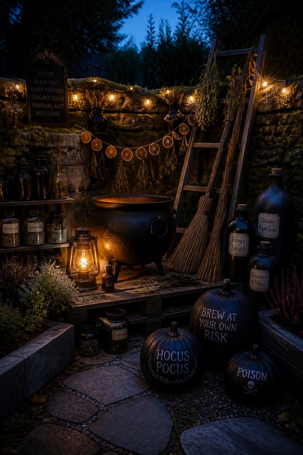 A nighttime outdoor Halloween display with a large black cauldron on a wooden pallet, surrounded by labeled dark bottles, pumpkins with text, dried herbs, and string lights along a stone wall.