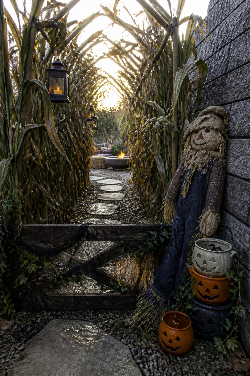 A wooden gate opens to a gravel path lined with tall corn stalks formed into an overhead arch, with a scarecrow and stacked pumpkins beside the gate.
