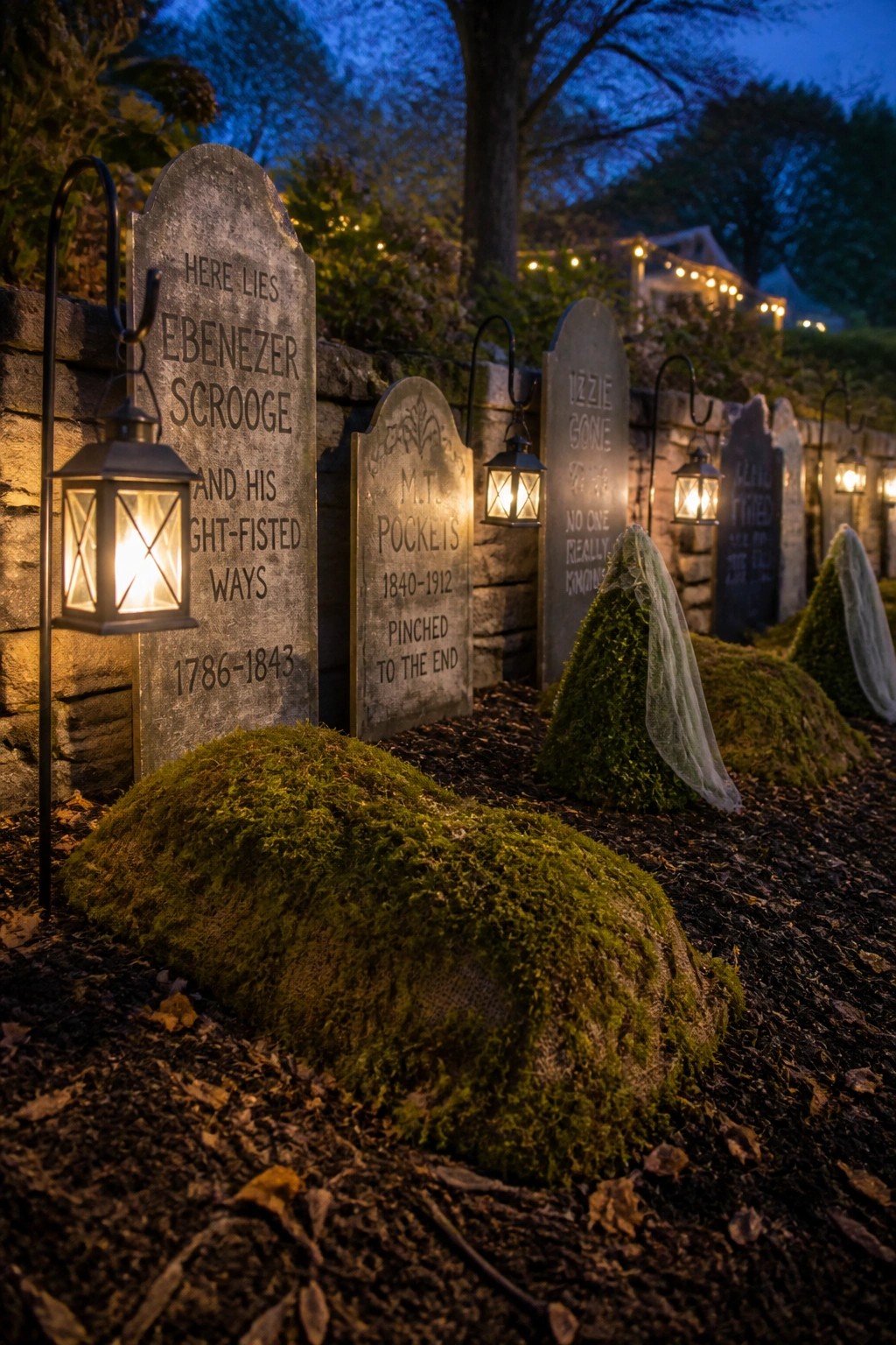 Several upright tombstones with inscriptions stand in a mossy garden bed beside a low stone wall, each lit by a hanging lantern at dusk.