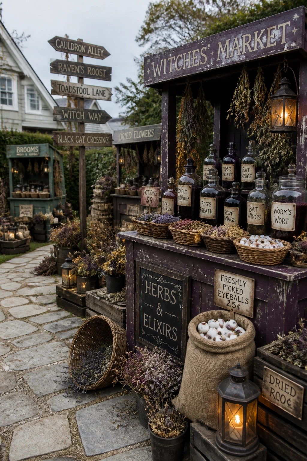 A purple wooden market stall labeled Witches' Market displays glass bottles and woven baskets beside a wooden signpost holding multiple directional Halloween signs along a cobblestone path.