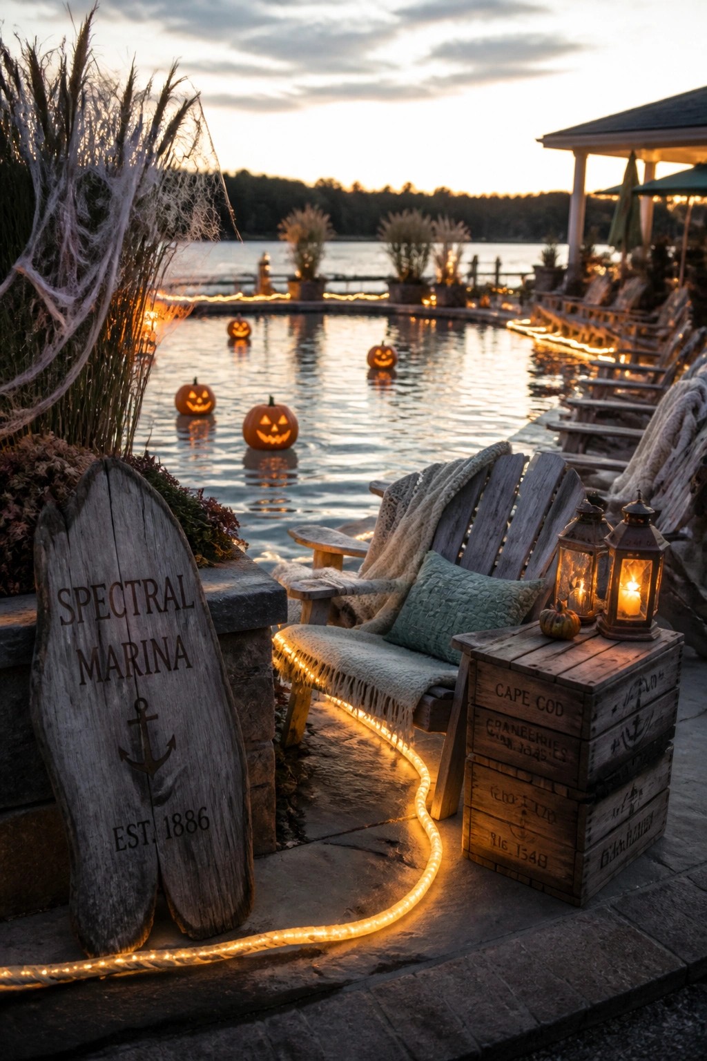 Twilight marina dock with floating pumpkins, Adirondack chairs, lanterns, and Spectral sign.