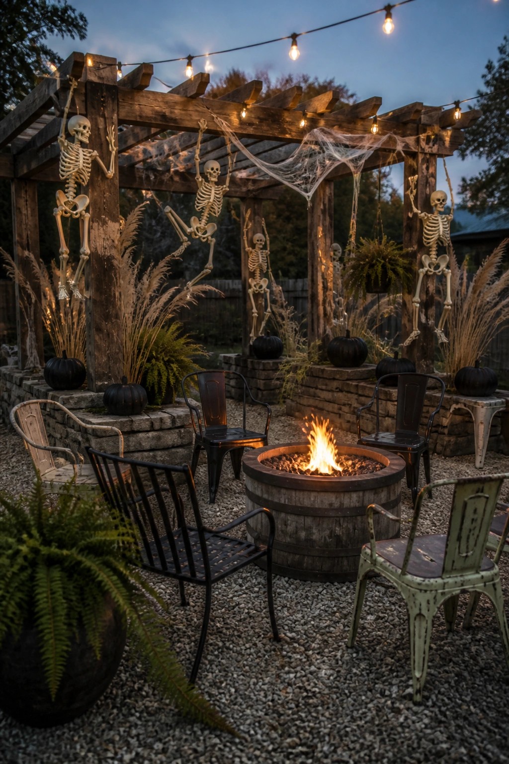 A wooden pergola over a gravel fire pit area decorated with multiple hanging skeletons, spider webs, pumpkins, and surrounded by metal chairs at dusk.