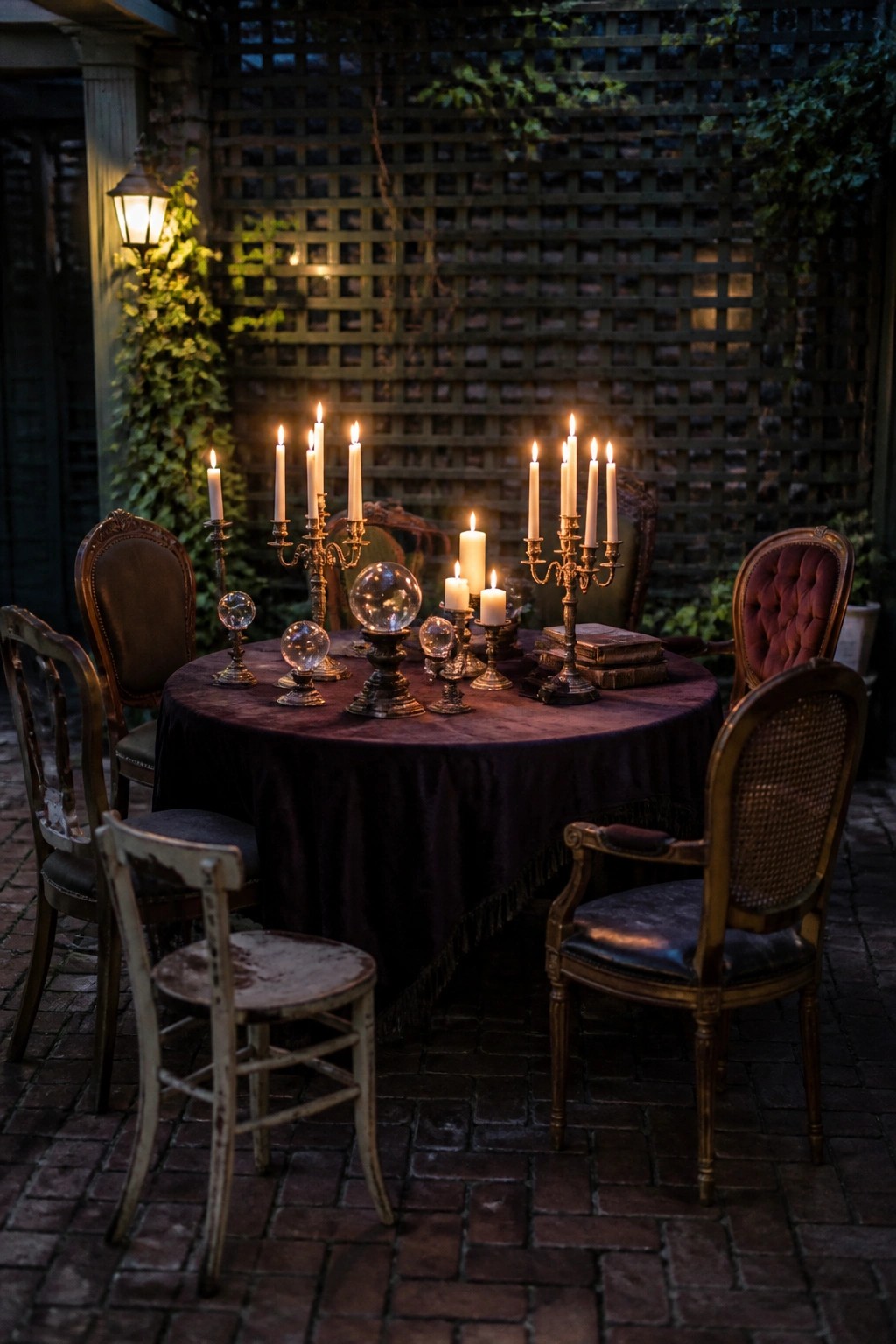 A round table draped in dark fabric holds multiple lit candelabras, crystal balls, and stacked books on a brick patio beside a vine-covered lattice wall at night.