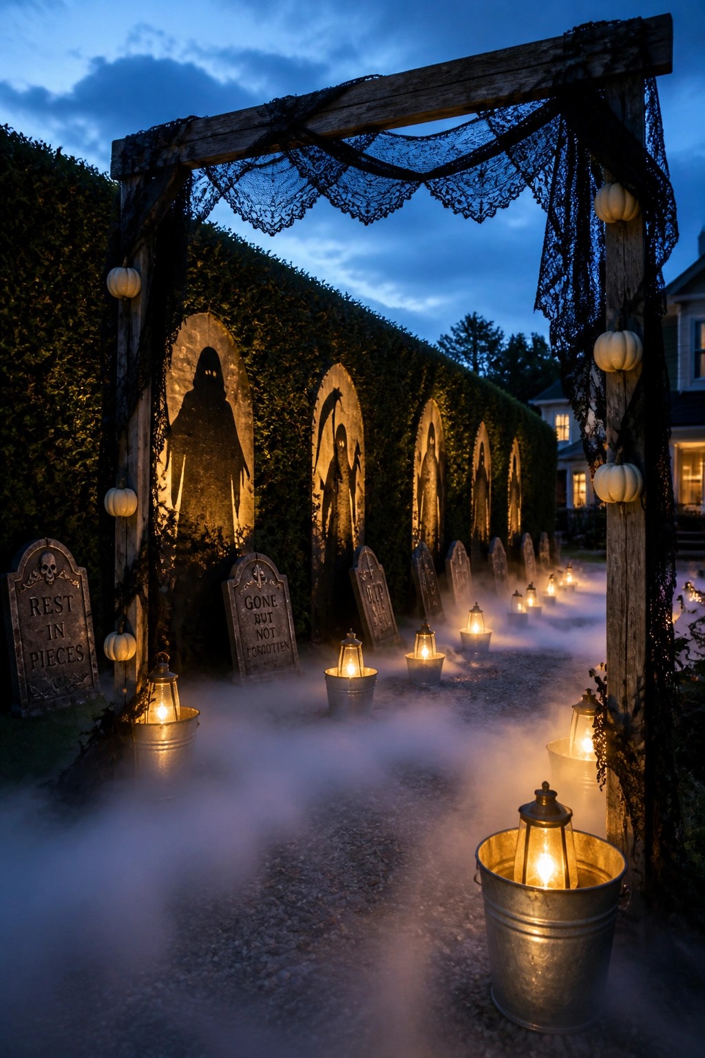 Twilight Halloween arch with lace, pumpkins, foggy lantern path, and glowing gravestones