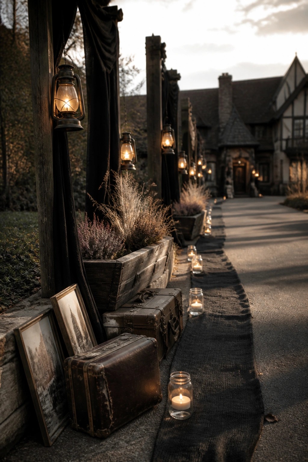 A gravel path leading to a house is lined with glowing lanterns and candles, with vintage suitcases and wooden planters along the edges.
