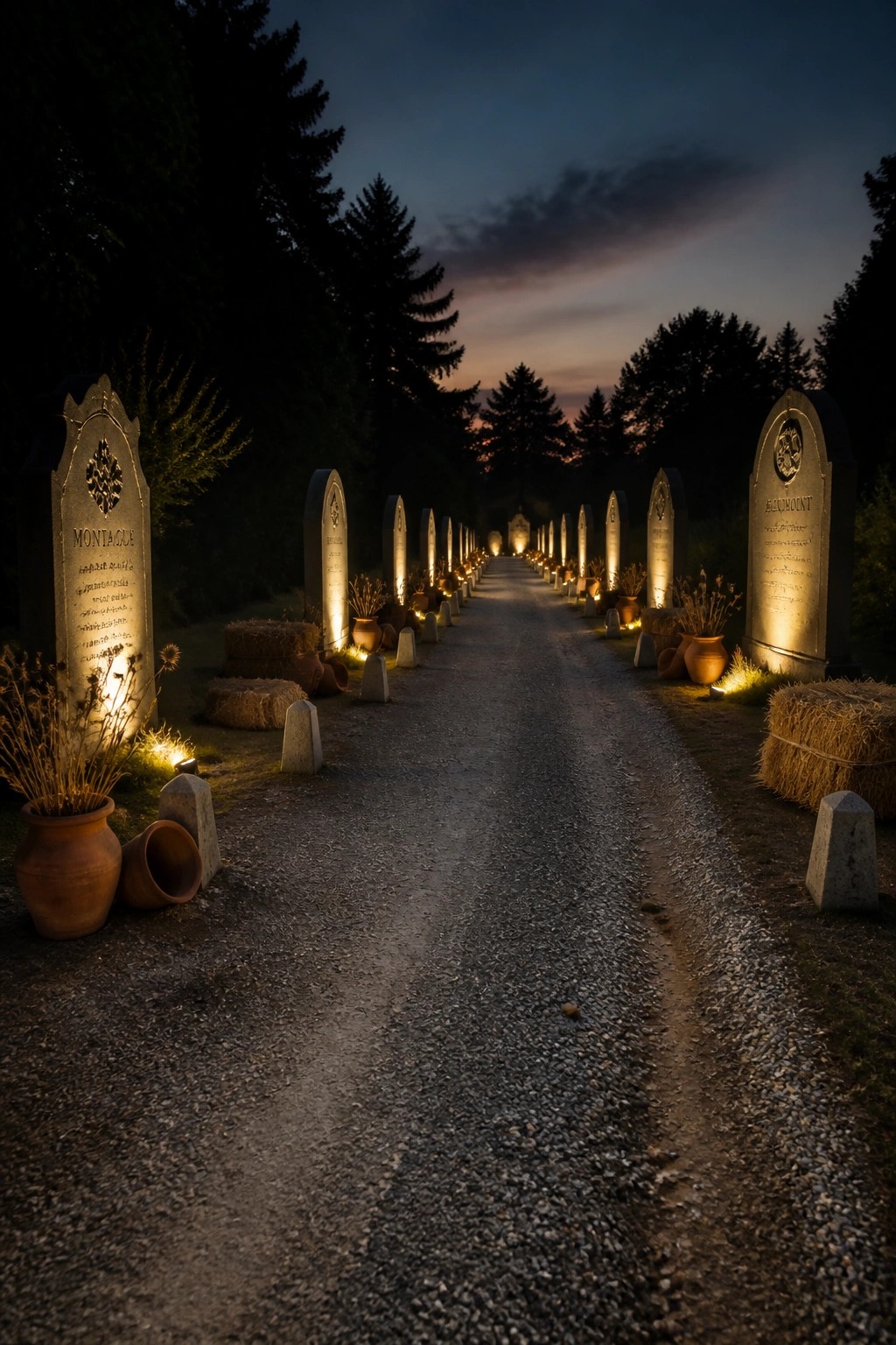 Illuminated gravestones line a gravel path through woods at twilight.