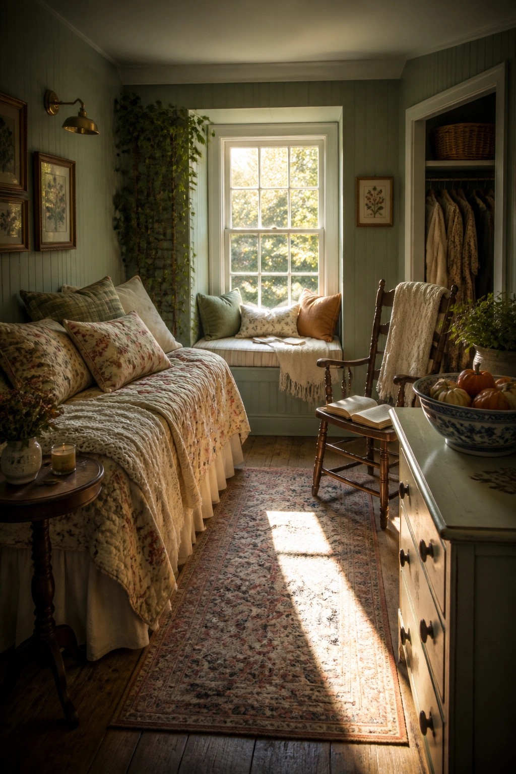 A bedroom interior featuring a built-in window seat with pillows beneath a large window, a bed with floral bedding on the left, a rocking chair, and a dresser on the right.