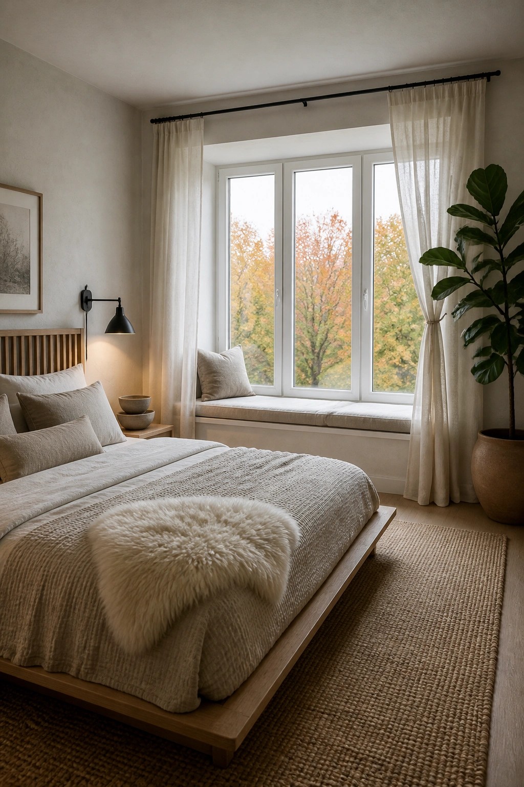 A bedroom featuring a low wooden bed with layered neutral bedding and a sheepskin throw, next to a large window with sheer curtains and a built-in cushioned window seat.