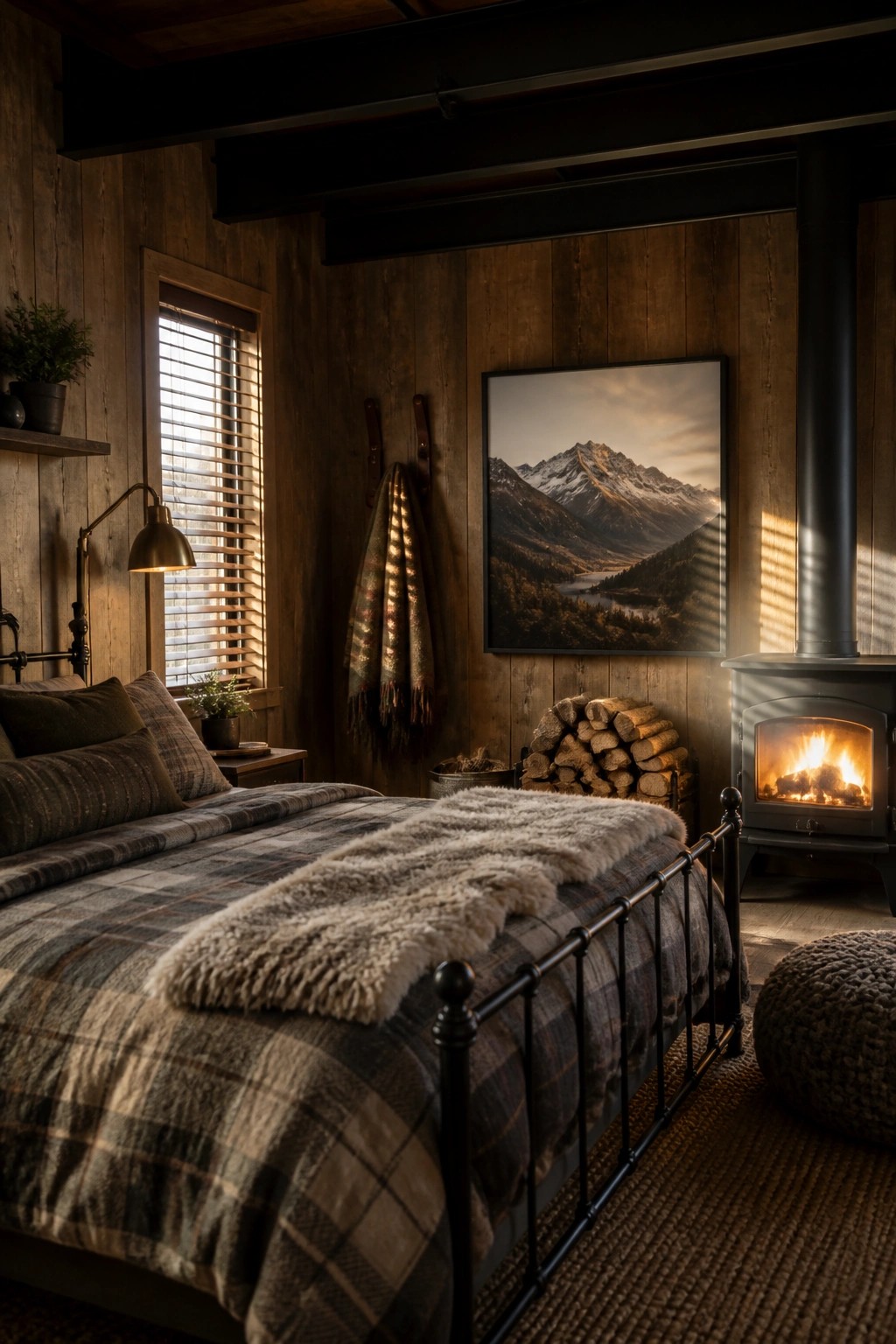 A rustic bedroom features a black wood-burning stove next to a bed dressed in plaid bedding and a light fur throw, with dark wood walls and a large mountain landscape print above stacked firewood.
