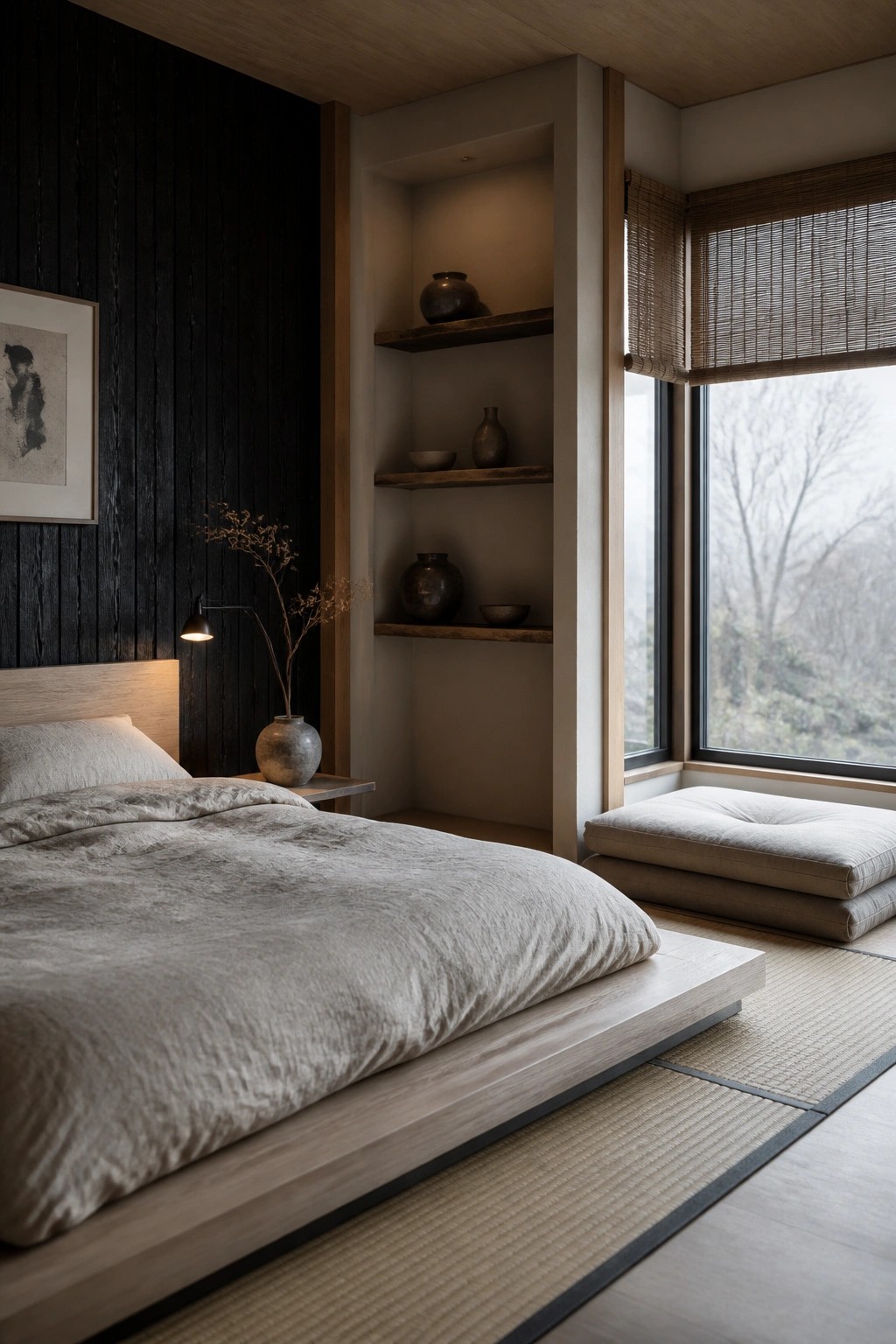 A bedroom with a low platform bed on tatami mats, recessed wall shelves holding ceramic vases and bowls, and a large window with woven blinds.