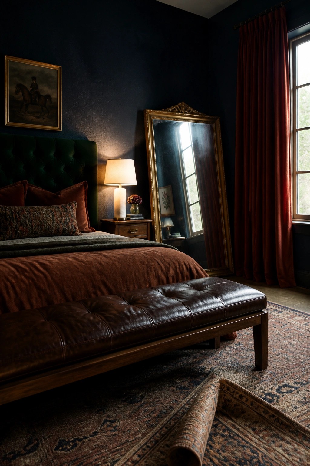 A bedroom with dark navy walls, a green tufted headboard, burgundy bedding, a brown leather bench, and a large gold-framed mirror.