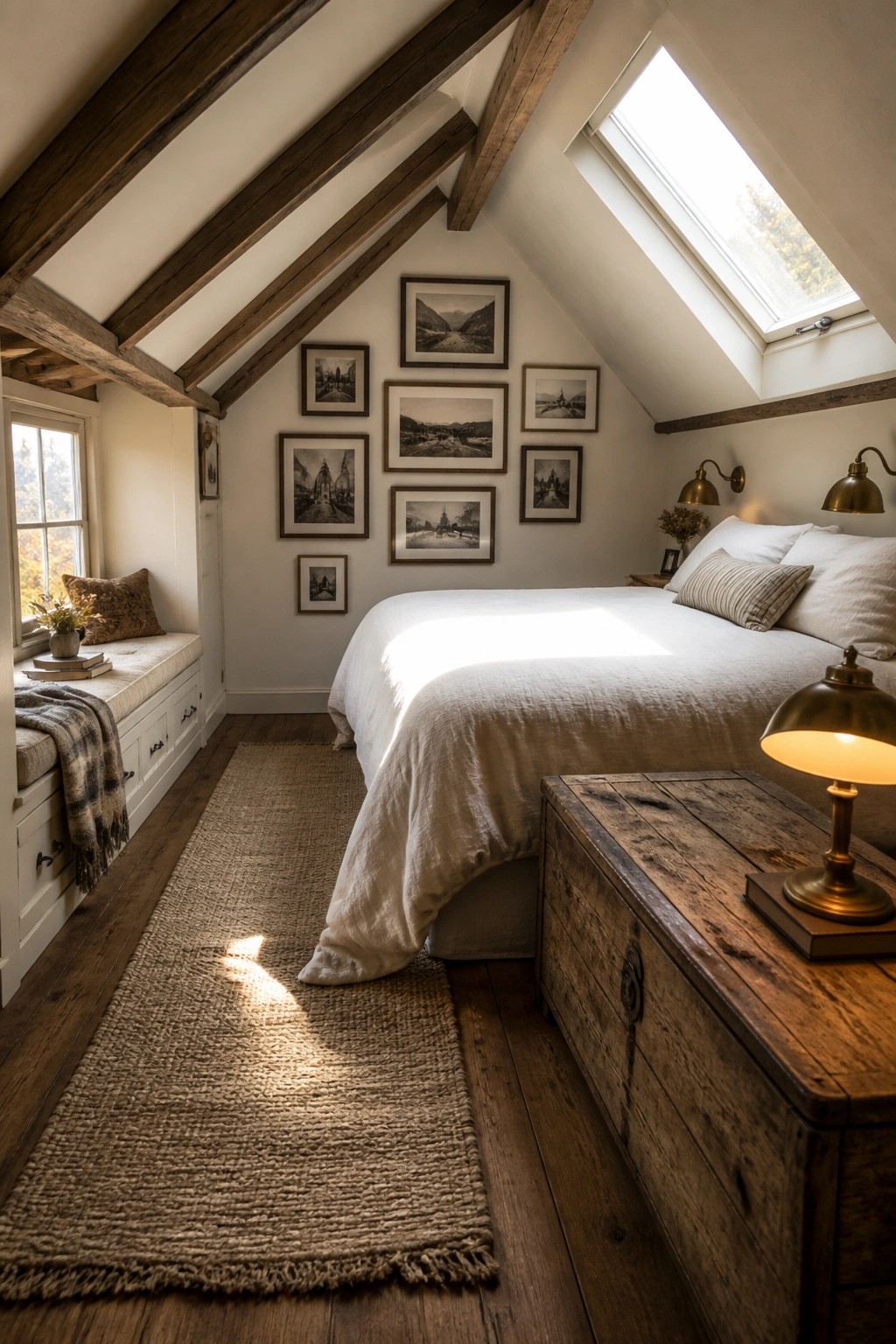 An attic bedroom with white linens on the bed, exposed wooden ceiling beams, a jute rug, and a wooden chest at the foot of the bed.