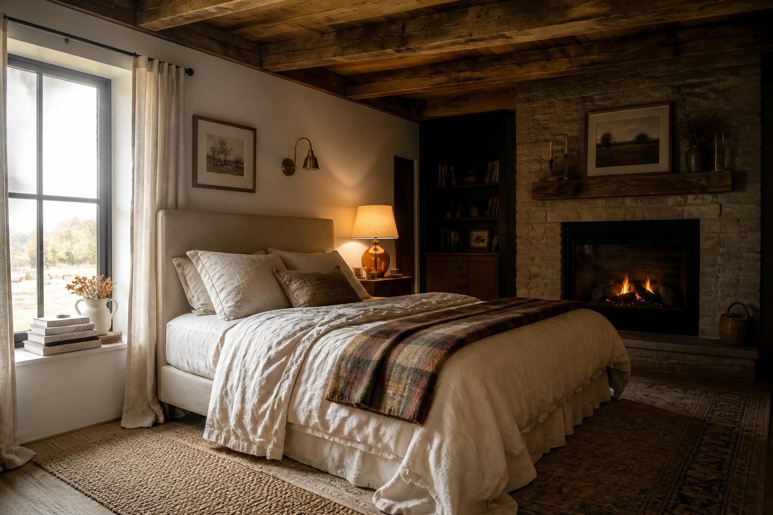 A cozy bedroom with a lit stone fireplace, wooden ceiling beams, a bed with layered neutral linens and a plaid throw, and warm lamp lighting.