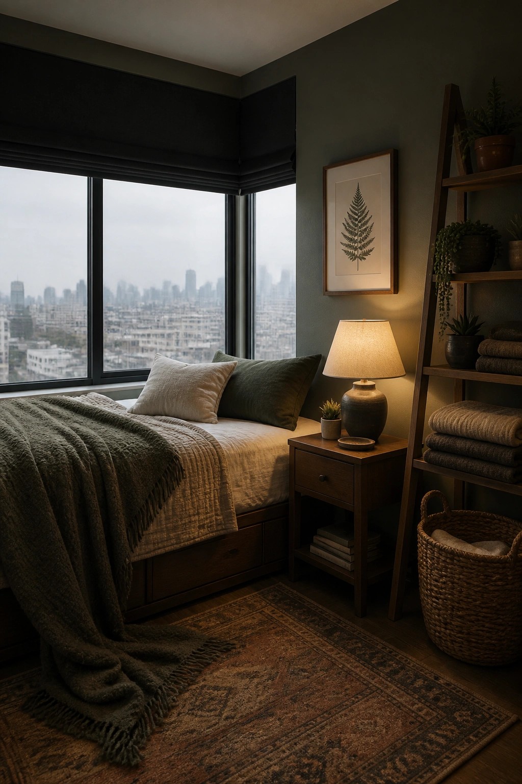 Cozy bedroom with bed, large city-view window, lit lamp, and wooden shelf.
