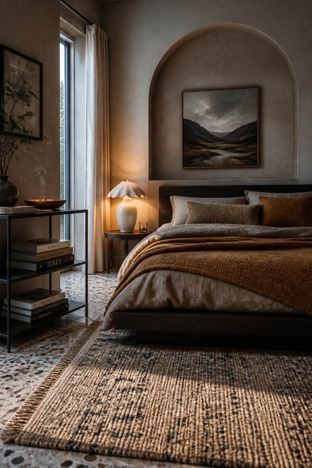 A bedroom featuring a low wooden bed with layered brown and beige bedding, a scalloped lamp on a side table, a large woven rug, and an arched niche with landscape art above the headboard.