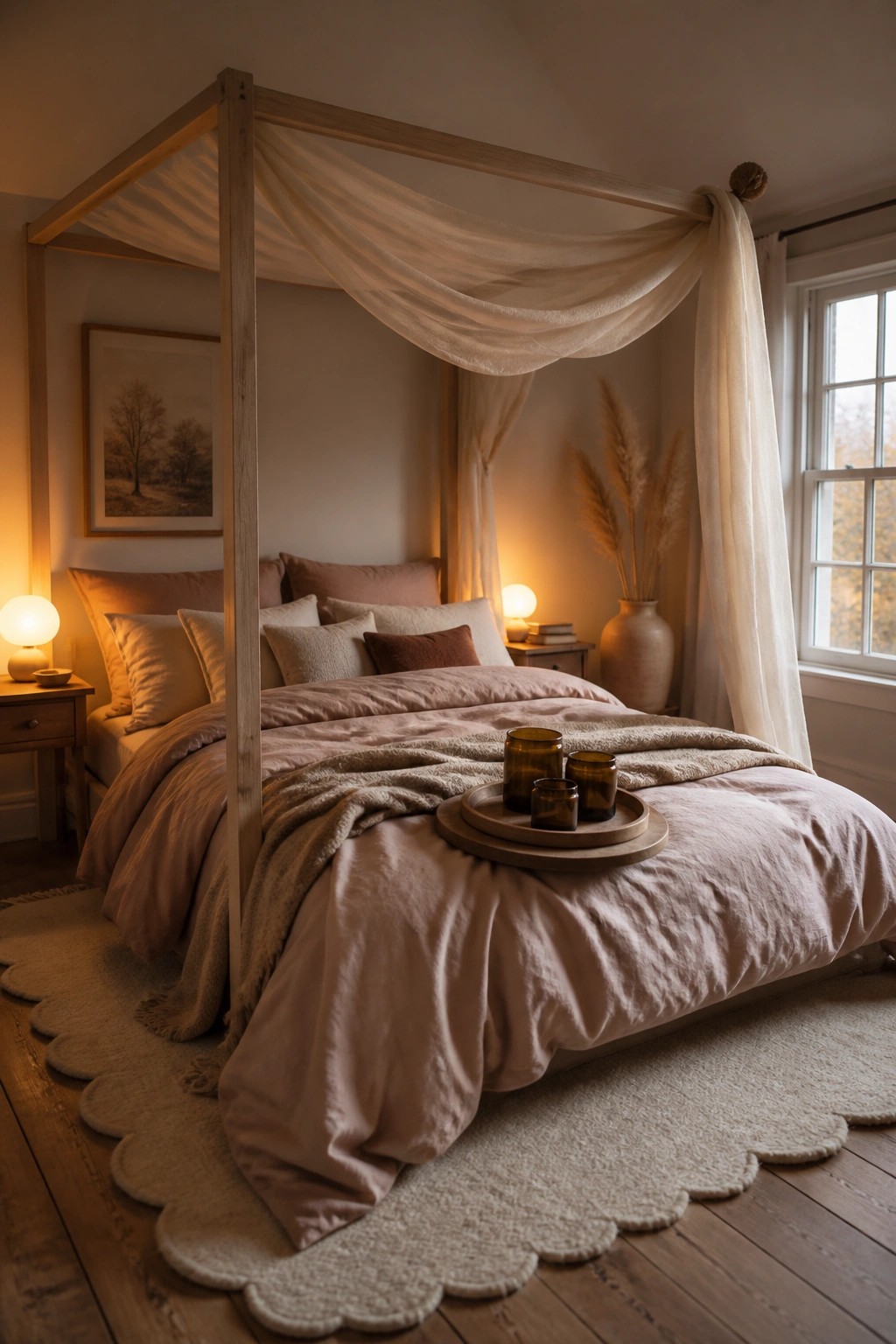 A wooden four-poster canopy bed with flowing white drapes, dressed in layered dusty rose and beige linens, set on a scalloped rug with warm bedside lighting.